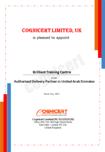 Cognicert delivery certificate for partnership with Brilliant Training Centre in UAE