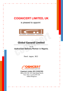 Cognicert delivery certificate for partnership with Global Gaswoil Limited, Nigeria.