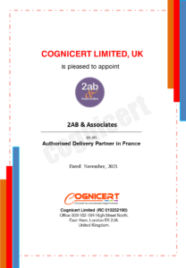 Cognicert delivery certificate for partnership with 2AB & Associates, France.
